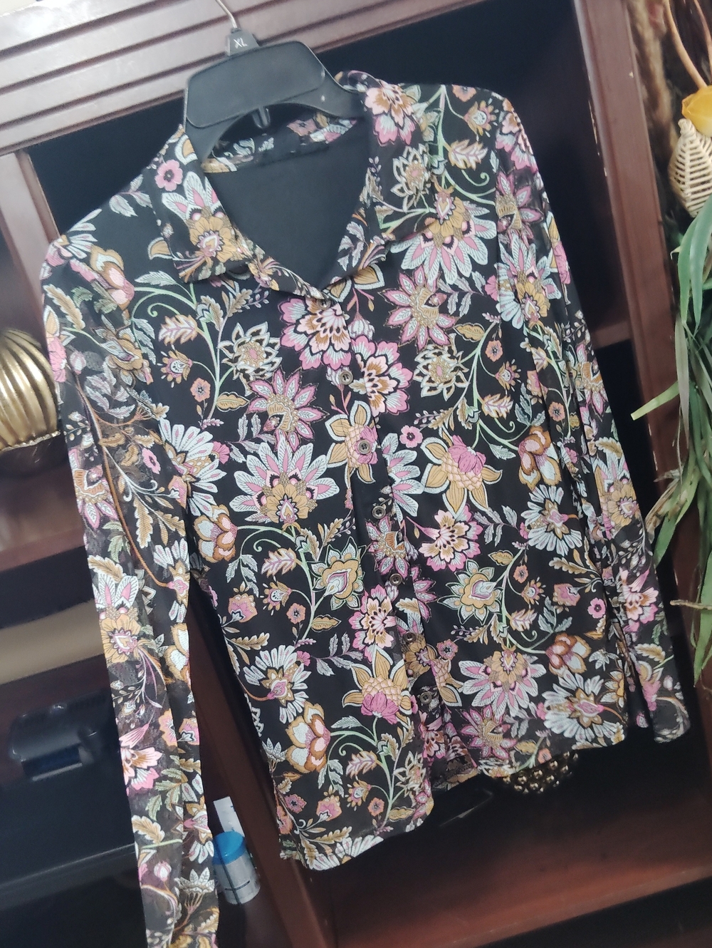 Jane and Delancey Black Floral Button-Down Shirt with Pink and Gold Accents